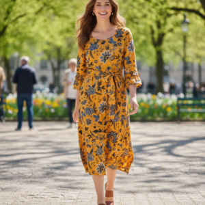 Vestido amarillo estampado. Fransa